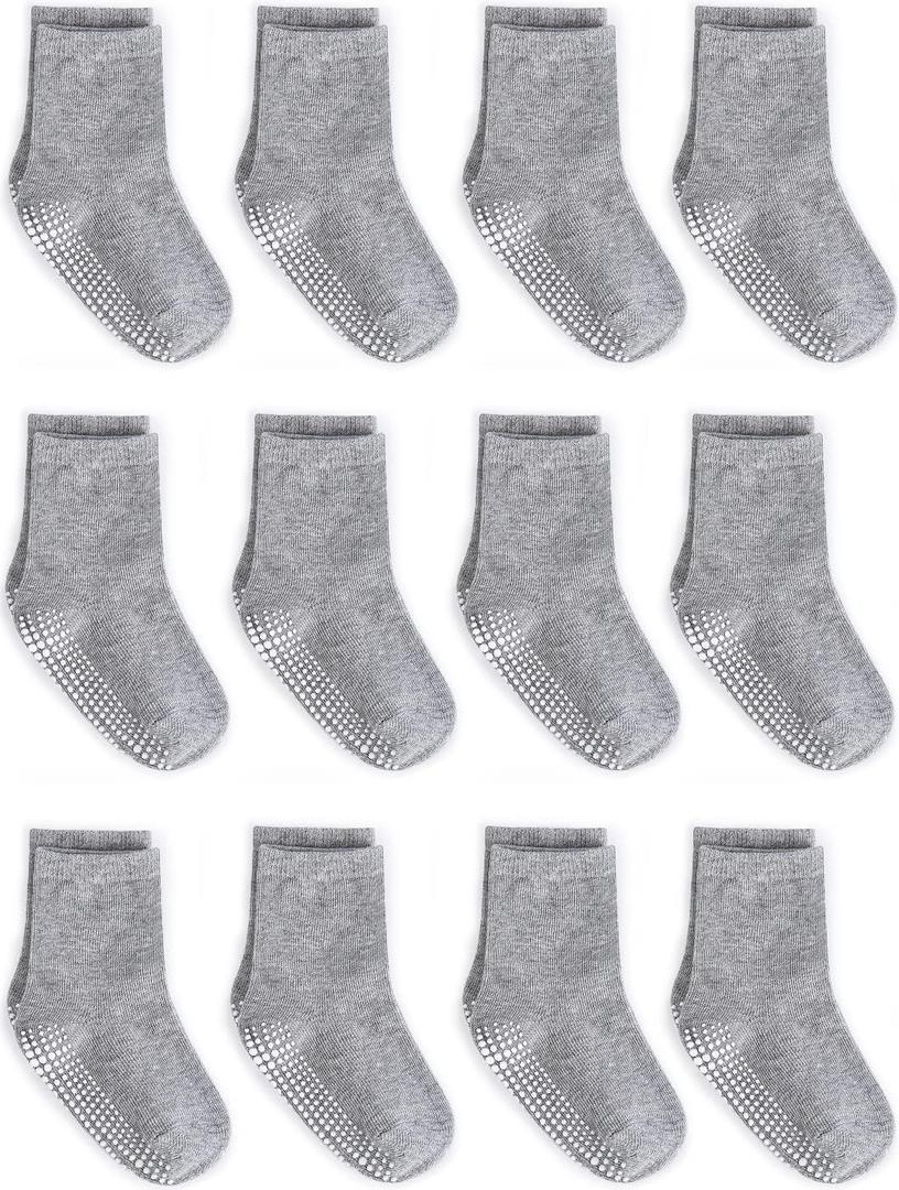 ZAPLES Baby Non Slip Grip Crew Socks with Anti Skid Soles for Infants Toddlers Kids Boys Girls, Gray, 8-10 Years