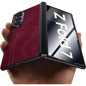 for Samsung Galaxy Z Fold 7 Case with Privacy Screen Protector & Hinge Protection, Wireless Charging, Ultra Thin Stylish Leather Matte PC Durable Shockproof Cover Phone Case for Fold 7-Red