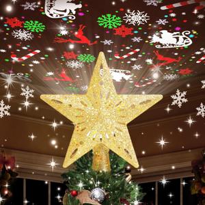 Kesfitt Christmas Tree Topper Golden Lighted with 6 Projection Modes,Christmas Tree Star Built-in LED Rotating Lights, 3D Glitter Dynamic Projection for Xmas Party Holiday Decorations