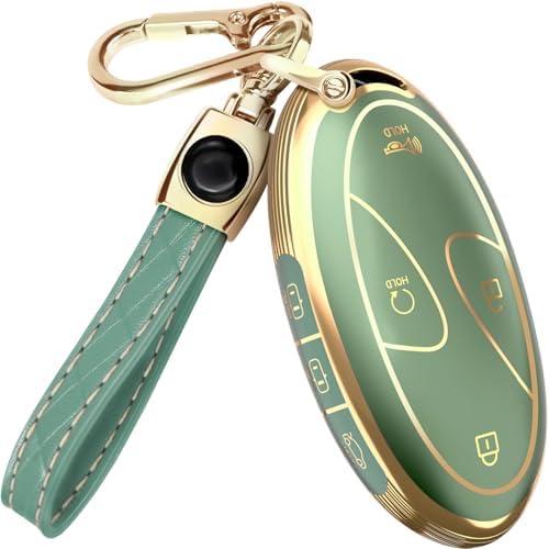 Lucrum Compatible with Hyundai Key Fob Cover & Leather Keychain, Keyfob Case for Santa Fe, Sonata, Tucson, Grandeur, Ioniq 6, KONA, Elantra - For 7 Button Remote (2022-2025) - Green and Gold