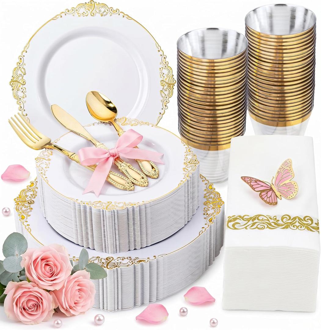 Morejoy 350PCS White and Gold Plastic Plates - Gold Plastic Dinnerware Set Include 50Dinner Plates, 50Dessert Plates 150Cutlery, 50Cups, 50Napkin Perfect for Party & Wedding &Mother's Day