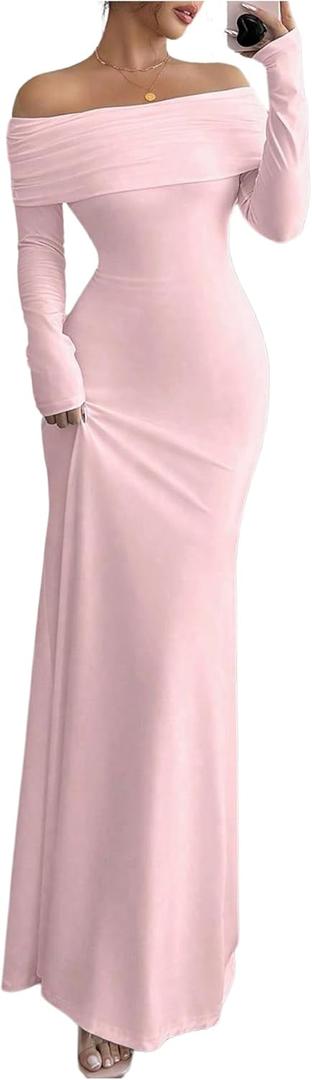 SOLY HUX Women's Long Sleeve Off The Shoulder Bodycon Dress Elegant Maxi Dress Cocktail Prom Dresses (Pure Pink) XXL