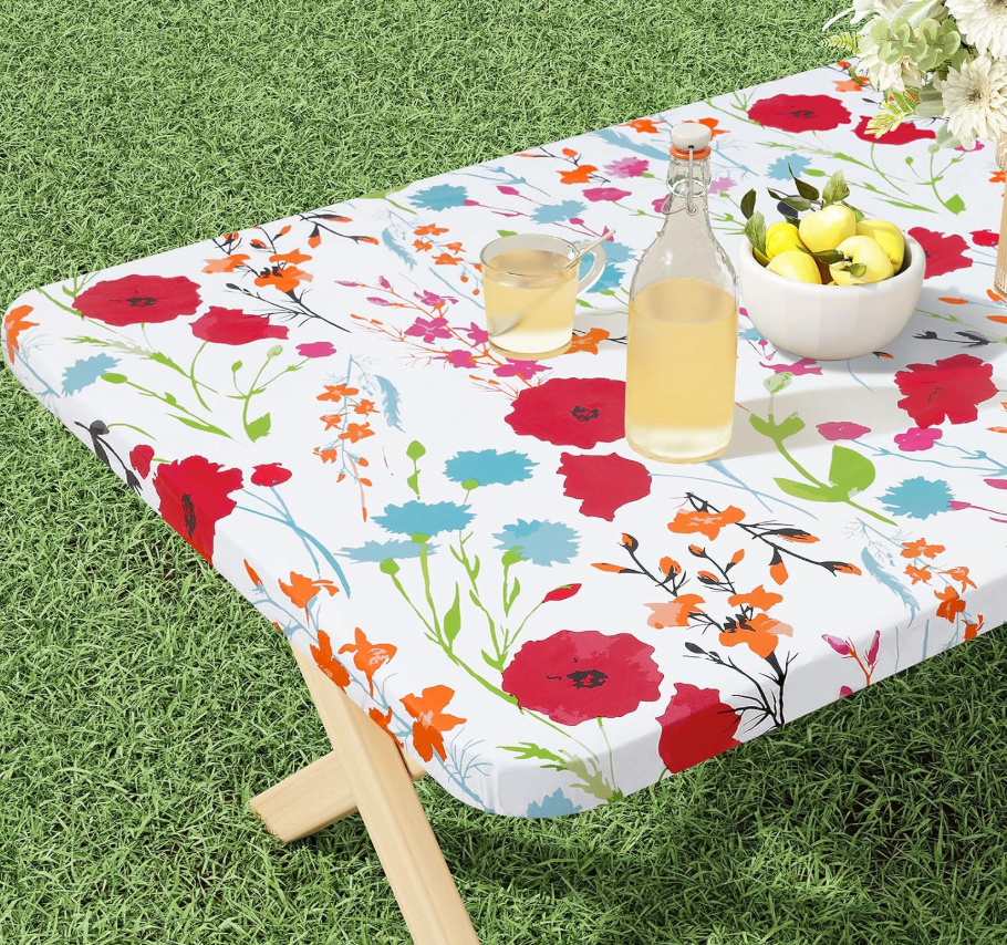 misaya Rectangle Vinyl Tablecloth, Fitted Table Cover, 100% Waterproof, Elastic Edge, Flannel Backing, Plastic Tablecloth Fit 7 Foot Folding Tables for Picnic, Camping, Outdoor (Flowers, 30x84 inch)