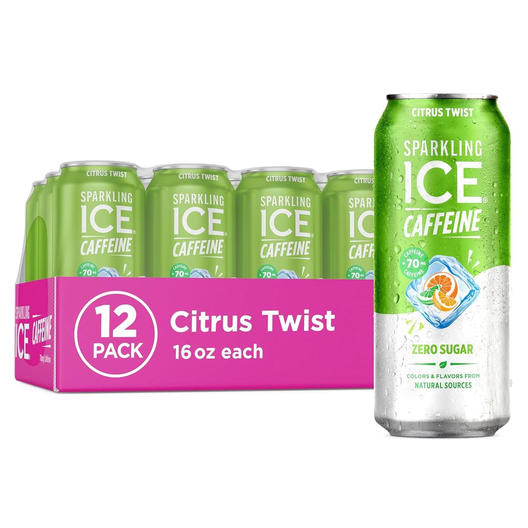 Sparkling Ice Caffeine Citrus Twist Sparkling Water with Caffeine, Zero Sugar, with Antioxidants and Vitamins,16 fl oz Cans (Pack Of 12) (EXP 04/10/27)
