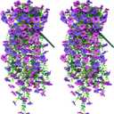 Artificial Hanging Flowers for Outdoors Decorations 2 Pack, Fake Hanging Flowers, UV Resistant Artificial Hanging Plants Outdoors for Home Porch Patio Balcony Baskets Yard(Double Purple)