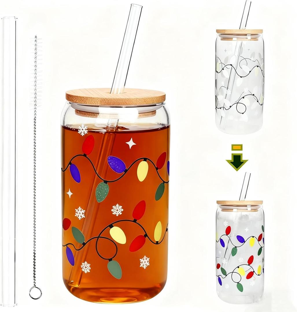 2 x 1 Pc Color Changing Christmas Cup with Lid, 18 Oz Christmas Gifts Cute Glass Cups, Coffee Cups Drinking Glasses Reusable Travel Coffee Mug for Xmas Party Gift