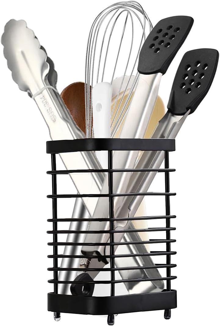 Utensil Holder Kitchen Countertop Organizer, Cutlery Drainer Sink Caddy Storage Drying Rack for Silverware Flatware and Cookware Stainless Steel (Black-L)