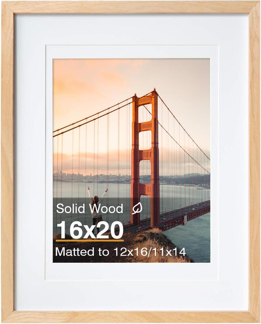 KINLINK 16x20 Picture Frame Natural - Solid Wood Frames with Acrylic Plexiglass for Pictures 12x16 / 11x14 with Mat or 16x20 without Mat, Wall Display Photo Frame, Set of 1