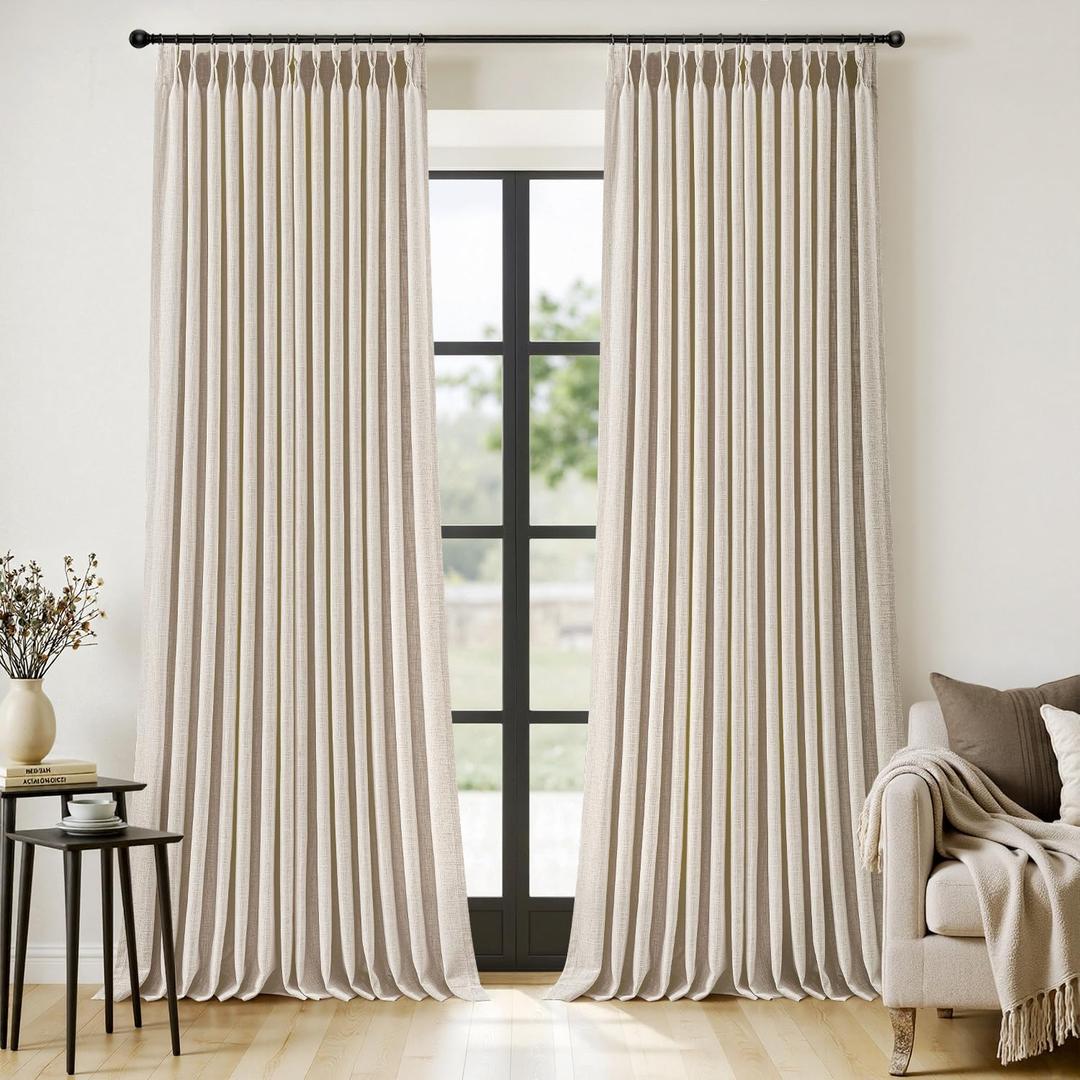 MIULEE Pinch Pleated Thick Linen Curtains 102 Inches Long 2 Panels for Living Room Bedroom, Pinch Pleat Drapes Back Tab Memory Trained Semi Sheer Privacy Neutral Ivory Cream Farmhouse Window Curtains