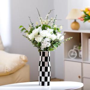 Black and White Checkered Vase Large 11.25 Inch Height Modern Checkered Decor Ceramic Black and White Flower Shaped Decorative Vase for Office, Bedroom, Home Decor