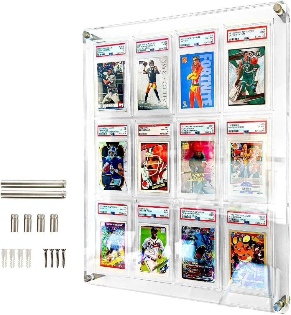 Acrylic Card Display Case for Graded Cards, Holds 12 PSA, CSG, CGC, Slabs on The Frame, for Wall Mount or Desktop - Clear View Show Your Trading Cards Sports, Baseball, Football, Basketball... (Transparent)