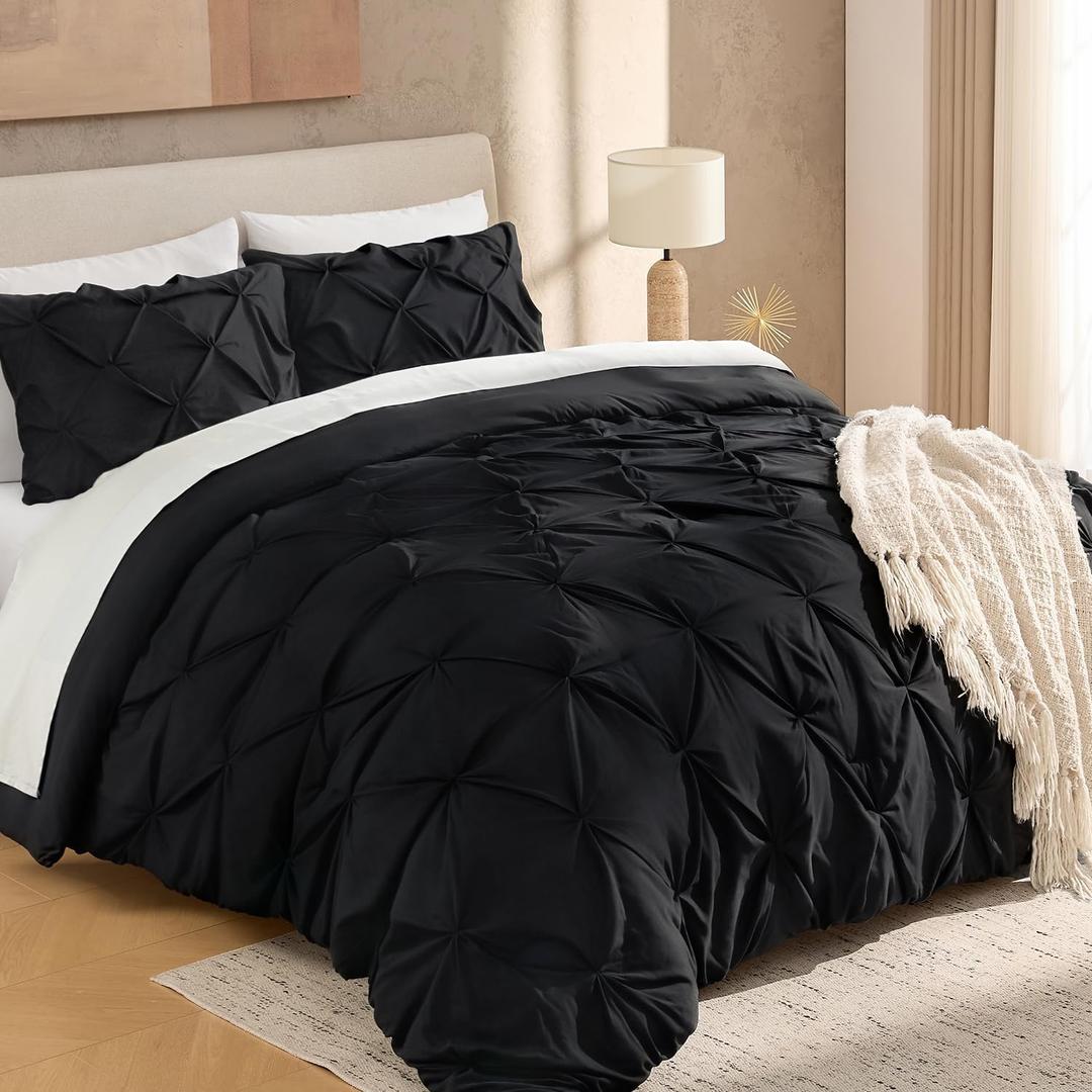 Andency Black Pinch Pleat Comforter Queen(90x90Inch), 3 Pieces(1 Pintuck Comforter and 2 Pillowcases) Pintuck Comforter Set, Polyester All Season Down Alternative Bedding Set Black, Queen(90"X90")