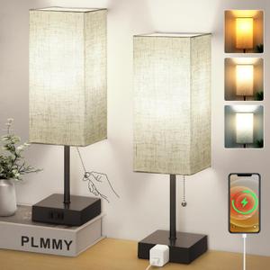 Table Lamp for Bedroom Set of 2, Bedside Lamps with 3 Color Temperatures Night Light, Lamp for Night Stands with AC Outlet and Square Shade, Pull Chain Small Desk Lamp for Living Room Home Decor (15 inch)