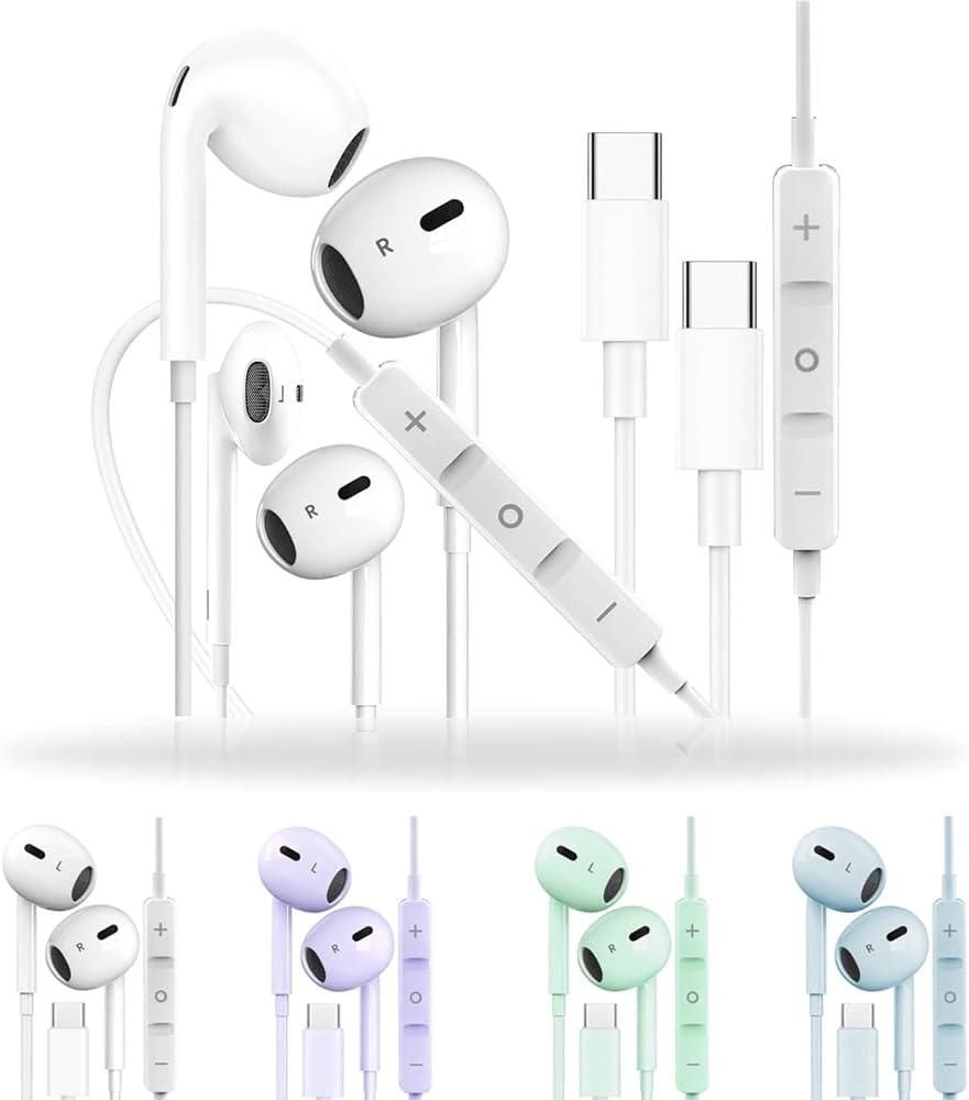 for iPhone 16/15 USB-C Headphones & Phone Earbuds with Mic/Volume Control, Close to Hi-Fi sound quality Type C Earphones for Samsung Galaxy S23 - Plug-and-Play Noise Cancelling wired Earbuds 2 Packs