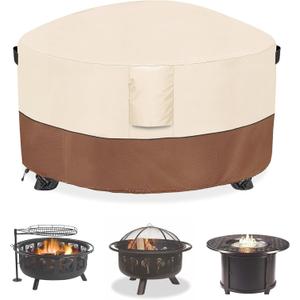 Fire Pit Cover,Outdoor Heavy Duty 600D 100% Waterproof Fire Pit Cover Round,Weatherproof Firepit Covers Round 54" Dia x 24" H,Beige & Brown