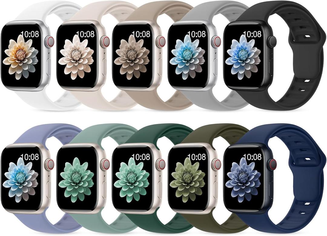 10 Pack Silicone Bands Compatible with Apple Watch 38mm 40mm 41mm 42mm 44mm 45mm 46mm 49mm Women Men, Soft Waterproof Replacement Wrist Sport Band for iWatch Series 11 10 9 8 7 6 5 4 3 2 1 SE Ultra (E-Lake Green/Army Green/Black/Navy Blue/Cactus/White/Stone/Starlight/Grey/Lavender Gray)