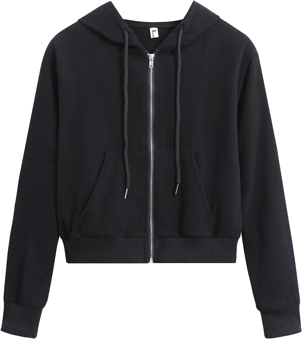 Women's Cropped Zip Up Hoodie Casual Long Sleeve Workout Hooded Sweatshirt Coat (Medium, Black)
