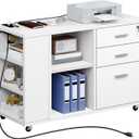 YITAHOME File Cabinet with Charging Station, Mobile Lateral Filing Cabinet with Lock for Home Office, Printer Stand with Open Storage Shelf, Fits A4, Letter, Legal Size Files, Office Furniture, White