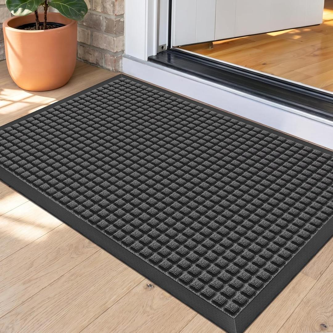 Front Door Mat Outside Entrance, Heavy Duty Waterproof Doormat | 35.5"x24" Indoor/Outdoor Dirt Trapper with Non-Slip Rubber Backing, Low Profile Easy Clean, Stain & Fade Resistant Grey, 2' x 2'11"