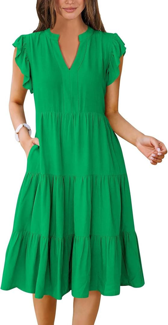 ANRABESS Womens Summer Dress Ruffle Sleeve V Neck Midi Dresses Fashion Casual Fit Flowy Tiered Boho Beach Vacation Sundress, Small