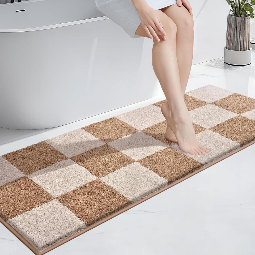 PURRUGS Bathroom Rug Non-Slip Machine Washable 24" x 60", Super Absorbent and Quick-Dry Bath Mat, Extra Soft and Plush Bath Rug for Shower, Bathtub and Sink, Beige & Grayish Brown