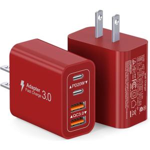 40W USB C Charger Block, 2-Pack 4-Port Type C Fast Charging Brick Dual PD&QC Wall Plug Adapter Power Brick for iPhone 13/14/15/16/17/Pro/Pro Max/Plus/iPad/Airpods/iwatch/Samsung Galaxy (Red)