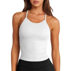 LASLULU Womens Sports Bra Seamless Long Crop Tank Racer Back Spaghetti Strap Workout Yoga Bra Padded Halter Neck Casual Tops size S, White