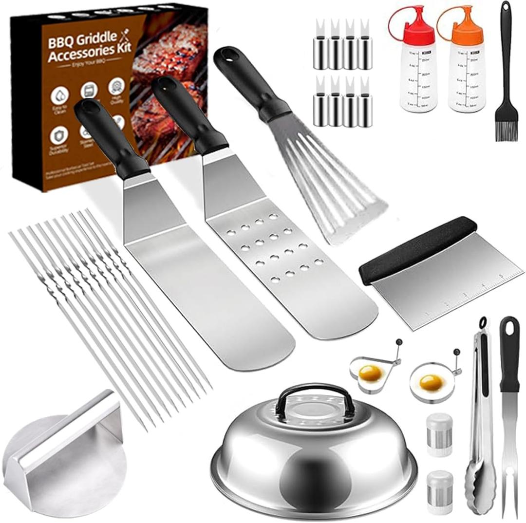33PCS Griddle Accessories Kit for Blackstone, Flat Top Grill Accessories, Set with Spatulas, Skewers, Sauce Bottles, Egg Rings, Melting Dome, Scraper