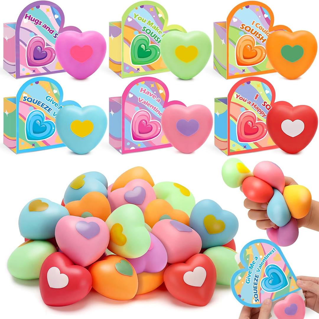 24 Pack Valentines Day Cards with Heart Squeeze Stress Balls for Kids School, Classroom Valentines Day Gifts for Kids, Valentines Party Favors Exchange Gift for Boys Girls