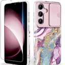 SHEDEER for Samsung Galaxy S24 Case with Slide Camera Cover & Screen Protector, Samsung S24 Case Anti-Yellowing Chic Pattern, Shockproof Anti-Scratch Slim Thin Phone Cover S24 6.2'', River Purple