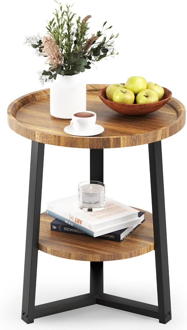 PPAMAPIC Round End Table, 2 Tier Side Table with Storage Shelf, Nightstand Accent Table for Living Room Bedroom Small Space, Black Metal Frame, 19.7" D x 23.6" H, Rustic Brown