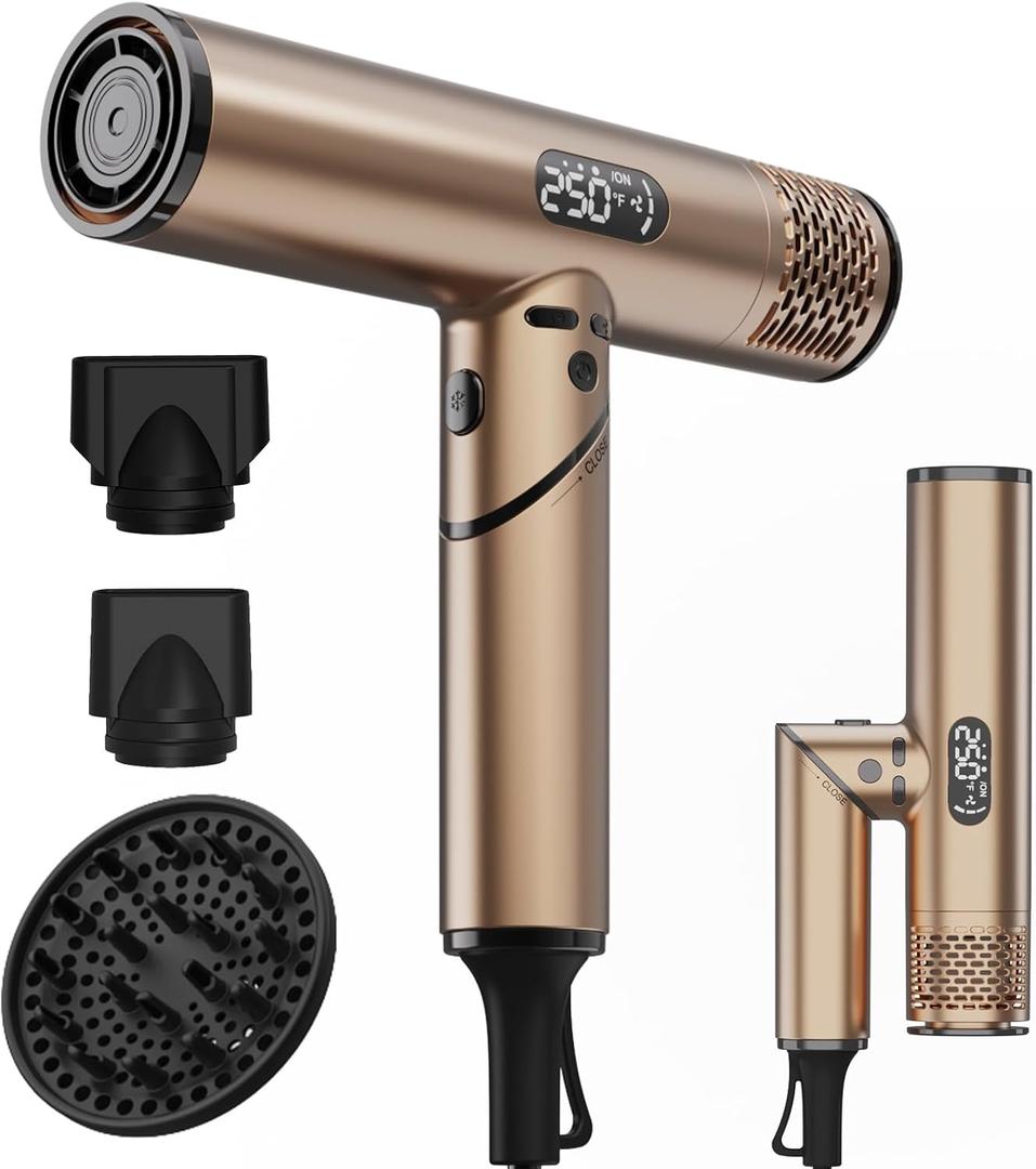 Professional Ionic Foldable Hair Dryer, Brushless Motor 110,000RPM Powerful 1600W Fast Drying Low Noise Blow Dryer with 2 Concentrator Nozzle 1 Diffuser Attachments for Home Salon Travel