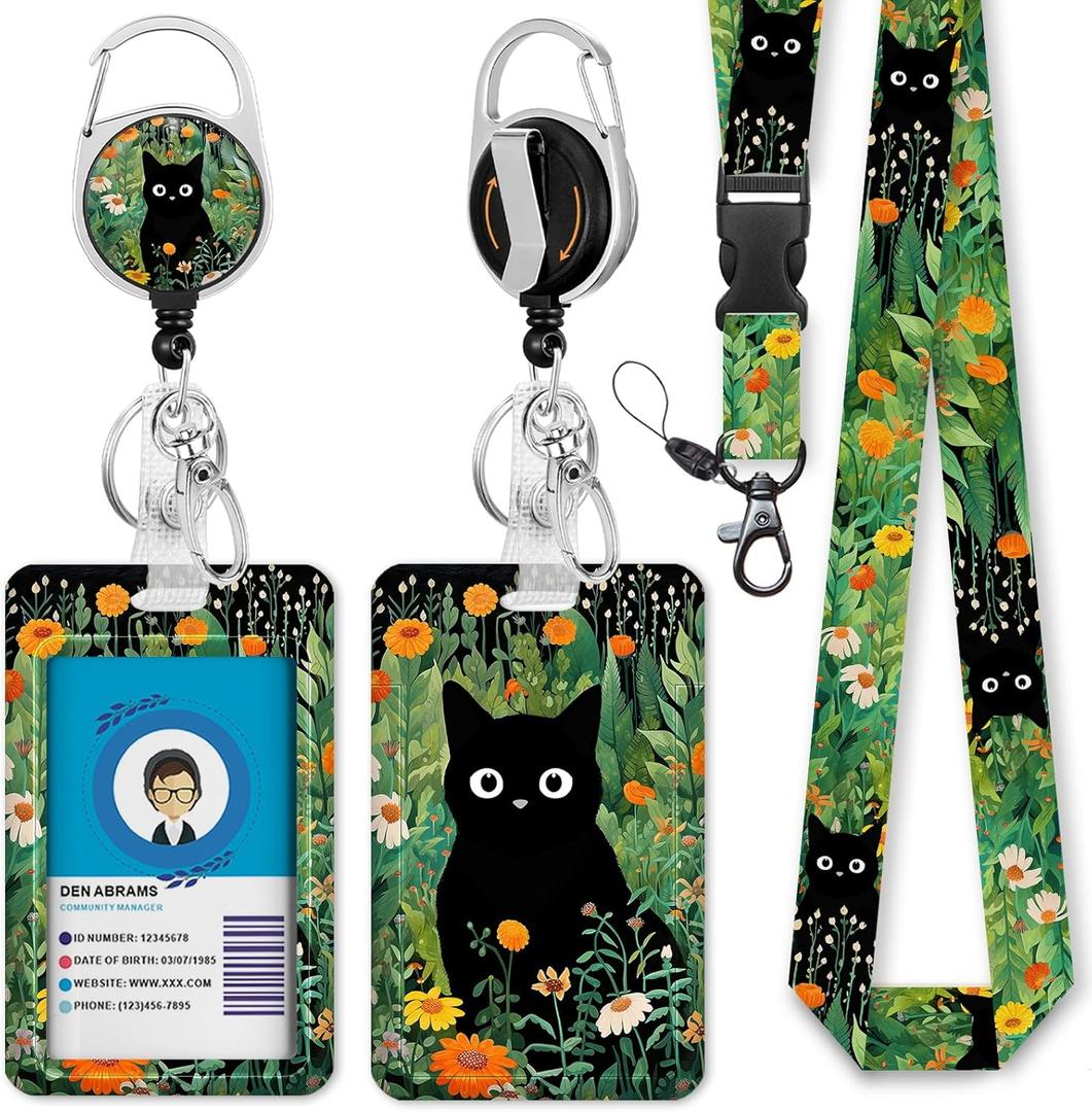 Black Cat Flower Lanyards for Id Badges, Id Badge Holder Heavy Duty and Retractable Keychain, Cute Badge Reel with 360 Degrees Rotate Carabiner Clip, Women Student Daily Office
