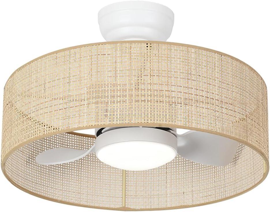 18W LED 20 Dimmable DC Drum Boho Caged Dimmable Ceiling Fan with Light Fixture,Fandelier with Remote Control, 3 Blades Small Cage Round Small Ceiling Fan for Indoor Room Kitchen Bedroom