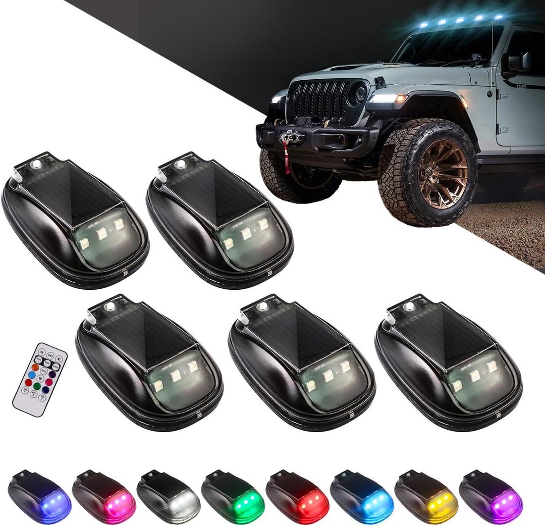 5PCS Wireless Solar Cab Lights for Truck, No Drill Type-C Charging Cab Roof Top Marker Lights, 8-Colors LED Marker Lights with Vibration Sensor for Pickup SUV Jeep ATV Off-road