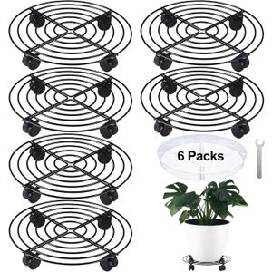6 Packs 14 Inches Large Metal Plant Caddy with Wheels Rolling Plant Stands Heavy-duty Wrought Iron Plant Roller Base Pot Movers Plant Saucer on Wheels Indoor Outdoor Plant Dolly with Casters Planter Tray (Black)
