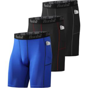 Runhit Compression Shorts Men Underwear Spandex Running Shorts Workout Athletic (Medium, 3 Pack Pocket: black, Grey, black Red, blue) Medium