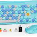 Wireless Keyboard and Mouse Combo, Retro Round Keycaps, Full-Size Stylish Typewriter Keyboard with Phone/Tablet Holder, Ergonomic Mouse with 3-Level DPI, 2.4GHz Connection for Windows/PC (Ice Blue)