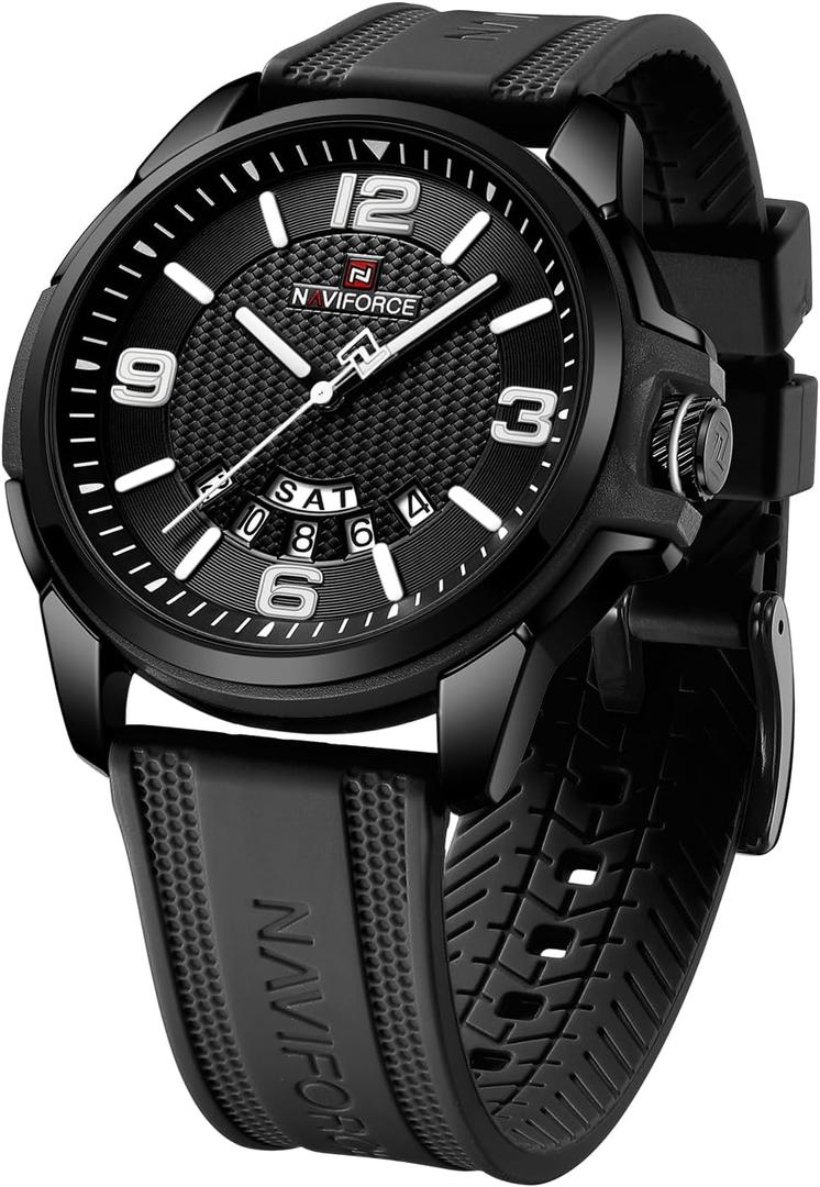 NAVIFORCE Waterproof Watch for Men Women, Analog Auto Date Military Sports Unisex Wristwatch,Silicone Strap (Black)