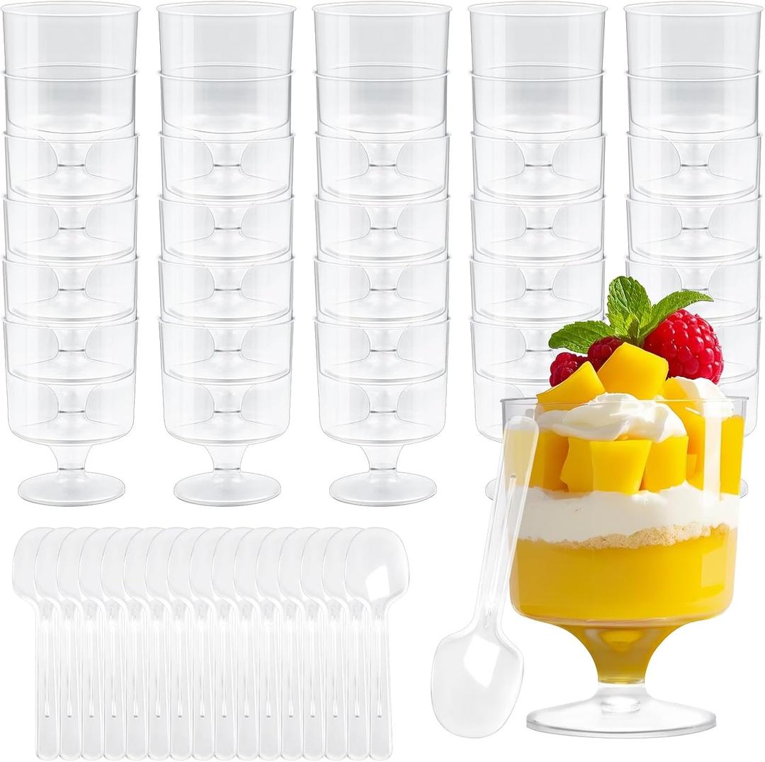 100 Pcs Clear Plastic Dessert Cups with Spoons,5 oz Mini Disposable Yogurt Parfait Cup,Disposable Appetizer Cups for Party Small Round Serving Goblet,Ice Cream Mousse,Fruit Bowl