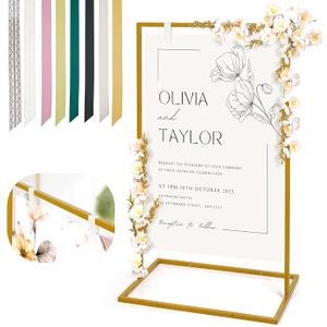 Wedding Welcome Sign Stand, 50”x30”x 20” Heavy Duty Easel Stand for Sign with 8 Pair Satin Ribbon & 2 Leather Strap, Welcome to Our Wedding Sign Holder, Metal Floor Standing Easels for Signs, Poster (Gold)