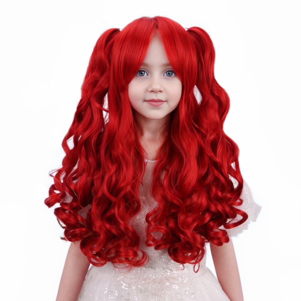 Red Wig for Girls Long Wavy Red Wigs with Ponytails for Kids Child Long Curly Burgundy Wigs Synthetic Daily Party Halloween Wig