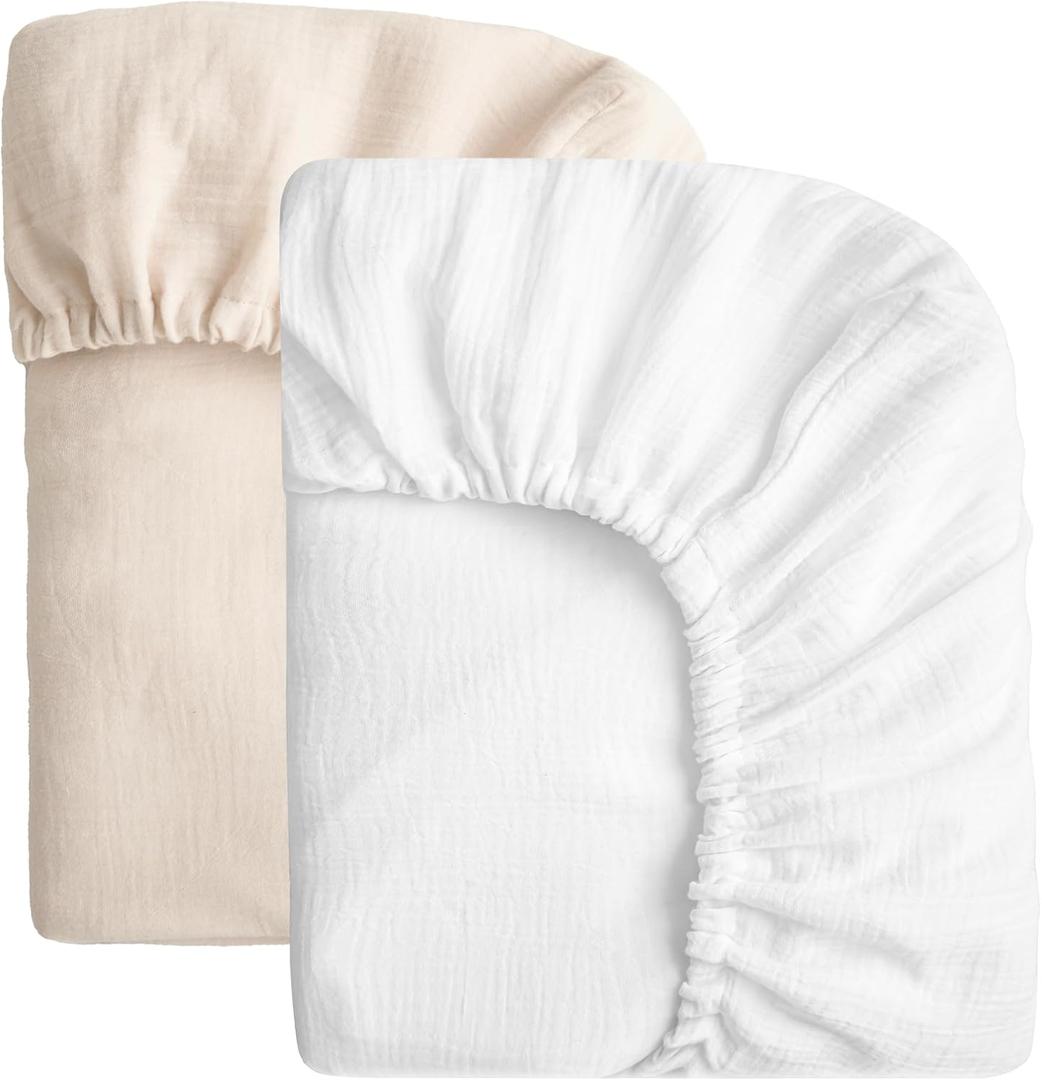 SOULFUL Muslin Crib Sheets for Boys Girls, 2 Pack Soft and Breathable Cotton Fitted Crib Sheets for Standard Crib Mattress (28"x 52", White & Beige)