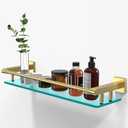 Glass Shelf for Bathroom, 20 Inch Tempered Glass with Brushed Gold Stainless Steel Railing, Floating Glass Shelves Sink Over Toilet Modern Bathroom