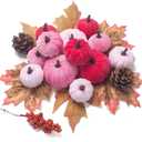 21 PCS Pink Pumpkins Set for Thanksgiving Decor, 3 Sizes Fake Velvet Pumpkin Mini Foam Pumpkin for Thanksgiving Farmhouse Fall Harvest Decorations Halloween Party Autumn Table Centerpiece