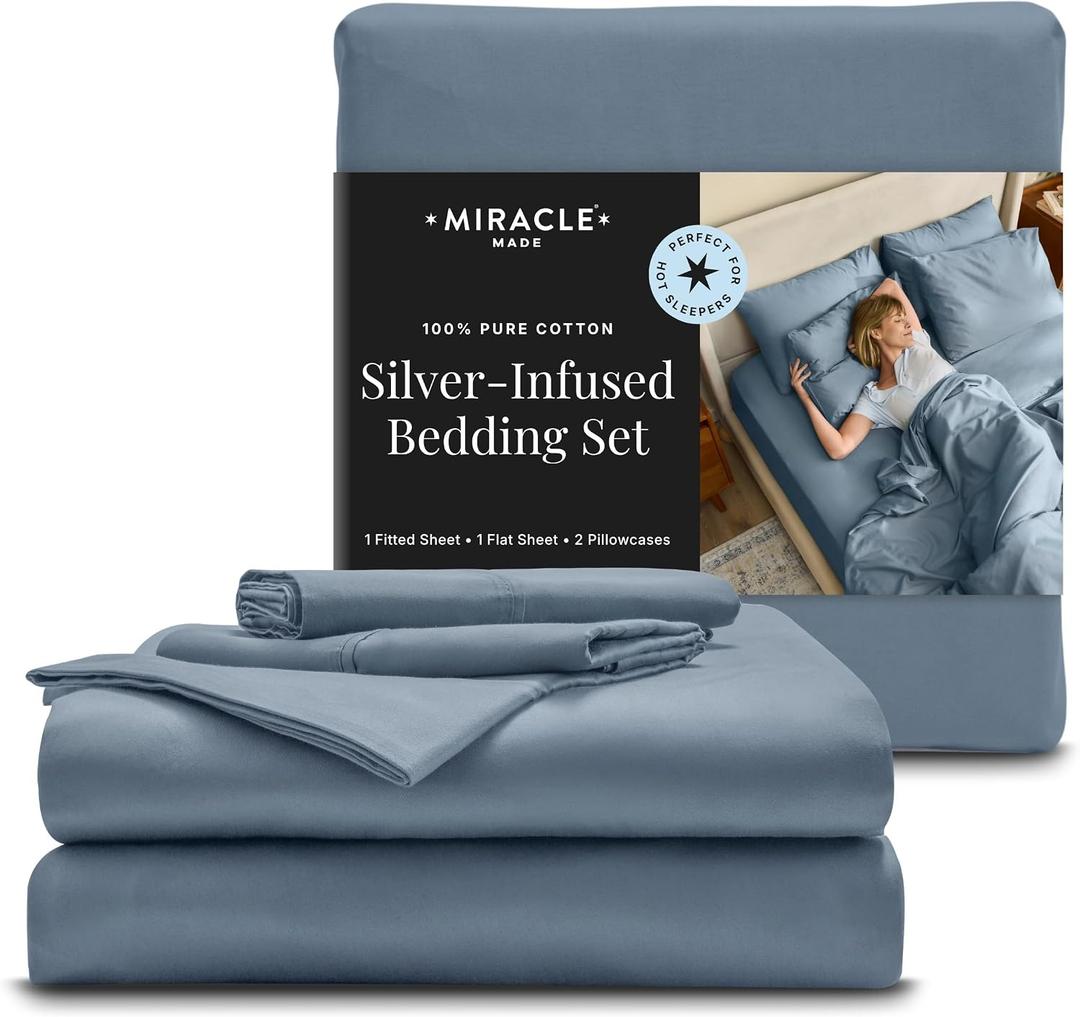 Miracle Made Breathable Cotton Bed Sheets, 4-Piece Set Silver-Treated, Soft and Cool-to-the-Touch Lightweight Bedding Designed for Hot Sleepers Queen Size, Slate Blue