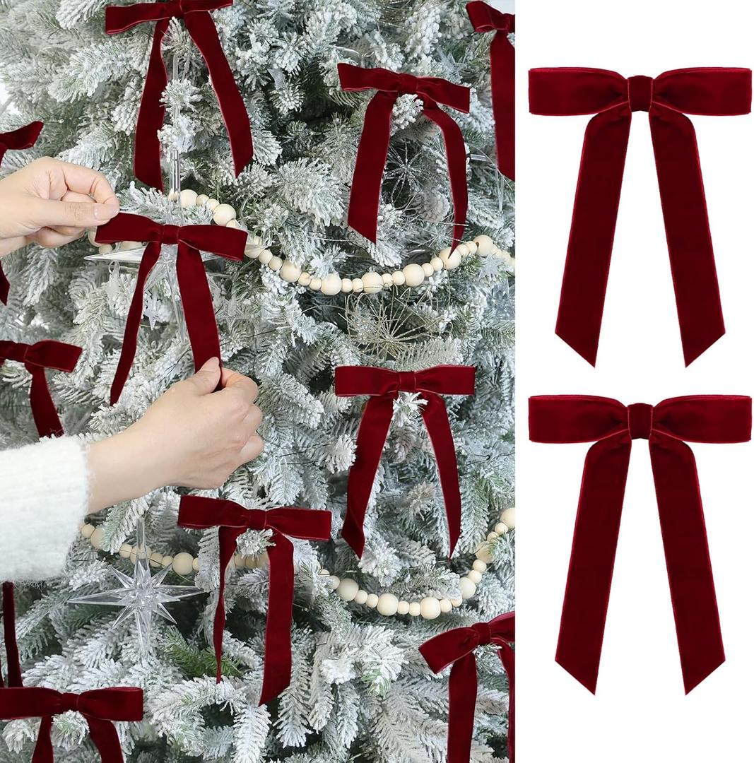 Flair Gifts 24 Pcs Burgundy Maroon Velvet Christmas Bows Ornaments - 5 x 7 Inch Luxury Vintage Velvet Ribbon Bows for Christmas Tree Decor, Wreaths, Gifts Wrapping, Fireplaces, and Xmas Decoration
