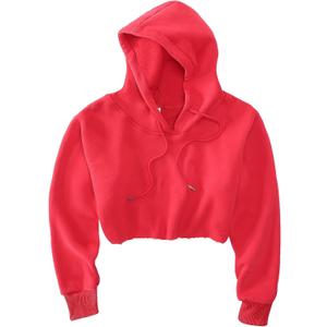 Women's Cropped Hoodie Fleece Long Sleeve Pullover Cut Off Hood Sweatshirt (M, Red)