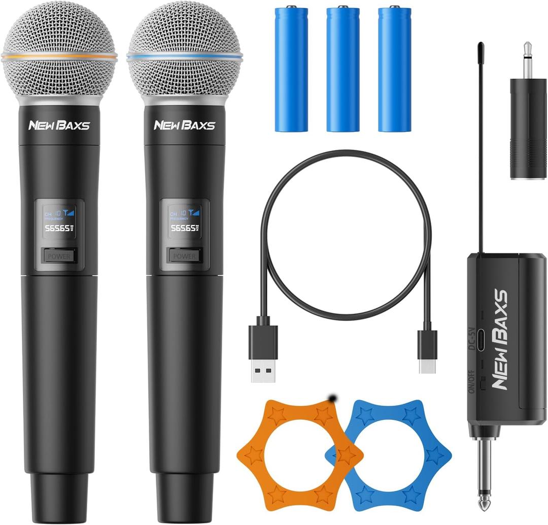 Wireless Microphone, Rechargeable Dual Cordless Handheld Dynamic Wireless Mics, NEWBAXS Karaoke Microphones with 1/4'' Output for Karaoke, Meeting, Singing, Church, Wedding