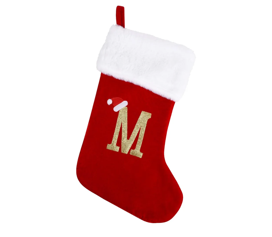 Christmas Stockings with Letters M, Large Super Soft Christmas Stockings Red Velvet with White Super Soft Plush Cuff for Christmas Xmas Tree Holiday Fireplace